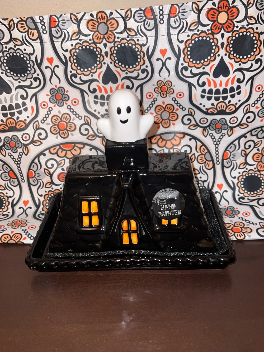 Black Halloween Haunted House Ghost Butter Dish